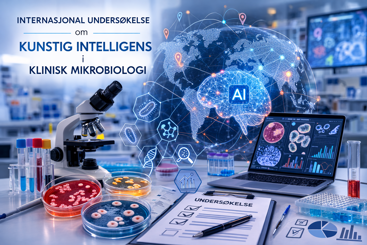 Illustrasjon med overskriften «Internasjonal undersøkelse om kunstig intelligens i klinisk mikrobiologi». Bildet viser et moderne mikrobiologisk laboratorium. I forgrunnen står et mikroskop, flere petriskåler med bakteriekolonier i ulike farger, reagensglass og et utfylt spørreskjema merket «Undersøkelse». I midten av bildet vises en stor, digital globus med lysende punkter og forbindelseslinjer som symboliserer internasjonalt samarbeid. Over globusen er en stilisert hjerne merket «AI», omgitt av grafiske ikoner som representerer mikroorganismer, DNA og dataanalyse. Til høyre står en bærbar PC med grafer, mikrobiologiske bilder og statistiske diagrammer på skjermen. Bakgrunnen er et laboratoriemiljø i blålige toner, som understreker temaet kunstig intelligens og moderne laboratoriediagnostikk.