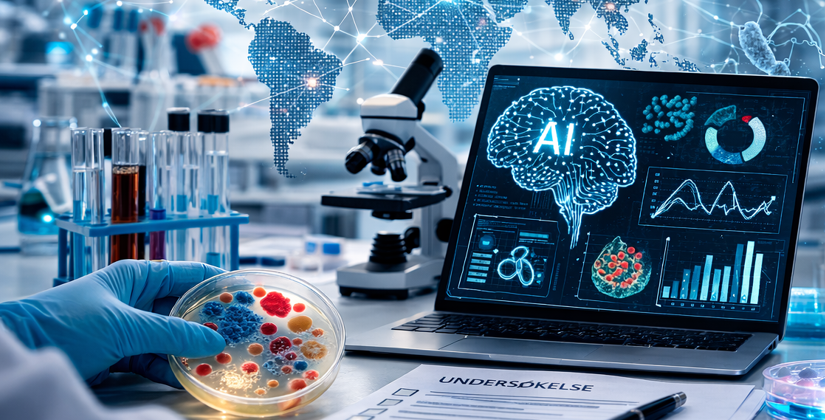 Infografikk med tittelen «Internasjonal undersøkelse om kunstig intelligens i klinisk mikrobiologi». Bildet viser et moderne mikrobiologisk laboratorium i blå og turkise toner. I forgrunnen sees en hånd med hanske som holder en petriskål med bakteriekolonier, et mikroskop og reagensglass. Midt i bildet står en bærbar PC med en illustrasjon av en hjerne merket «AI», omgitt av grafer, mikrobiologiske bilder og dataanalyser på skjermen. I bakgrunnen vises et verdenskart med lysende punkter og forbindelseslinjer som symboliserer internasjonalt samarbeid.
