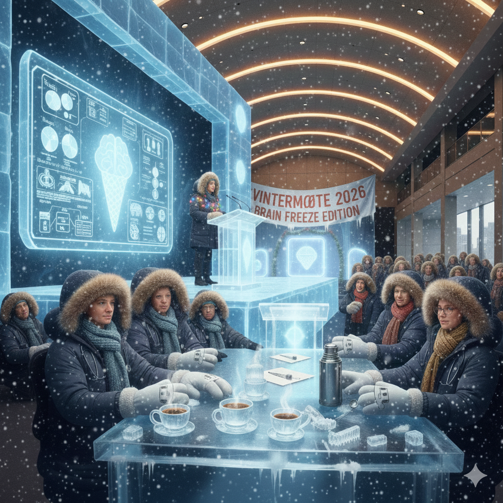 KI-generert forsamling av vinterkledde representanter på kongress