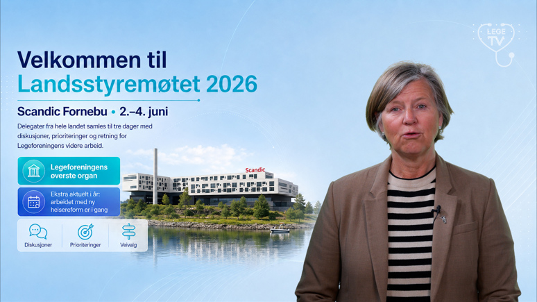 Anne-Karin Rime i videoen Velkommen til Landsstyremøtet. Foto: Legeforeningen