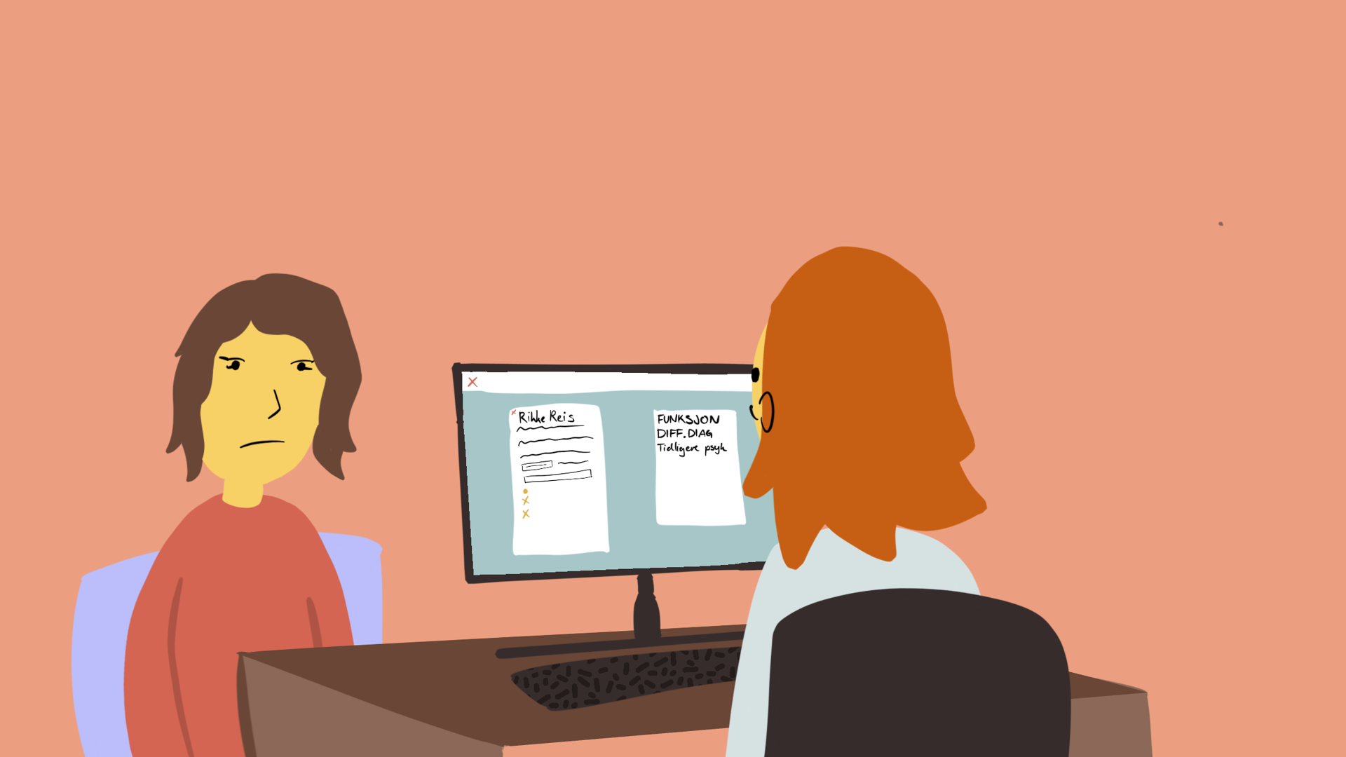 Pasient som sitter foran en lege bak en pc. Illustrasjon: Eivind Mo Andreassen