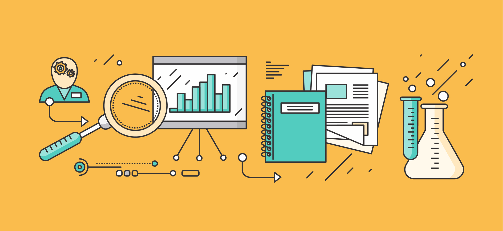 Bilde: robuart    Process research planning and learning. Strategy concept, management plan educate, control, science experience, education and discover, brainstorming and implementation. Set of thin, lines flat icons
