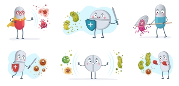 Animasjon som illustrerer medisiner og bakterier. Illustrasjon: Colourbox.com/Tetiana Lazunova