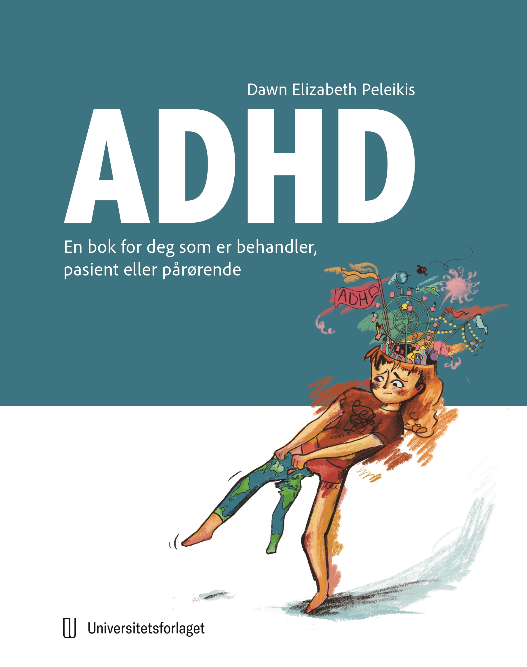 Bokomslag med tittel og illustrasjon av ung jente med høy aktivitet i hodet.