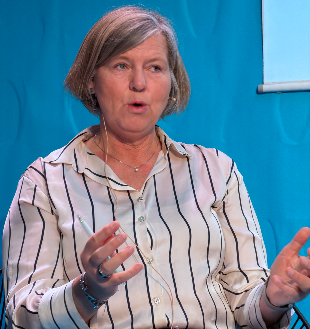 Anne-Karin Rime. Hun sitter foran en blå bakgrunn, og du ser henne fra livet og opp. Hun har lyst hår til nedforbi ørene, sølvsmykke rundt halsen, hvit skjorte med sorte striper. Hun holder på å si noe og holder opp hendene. 