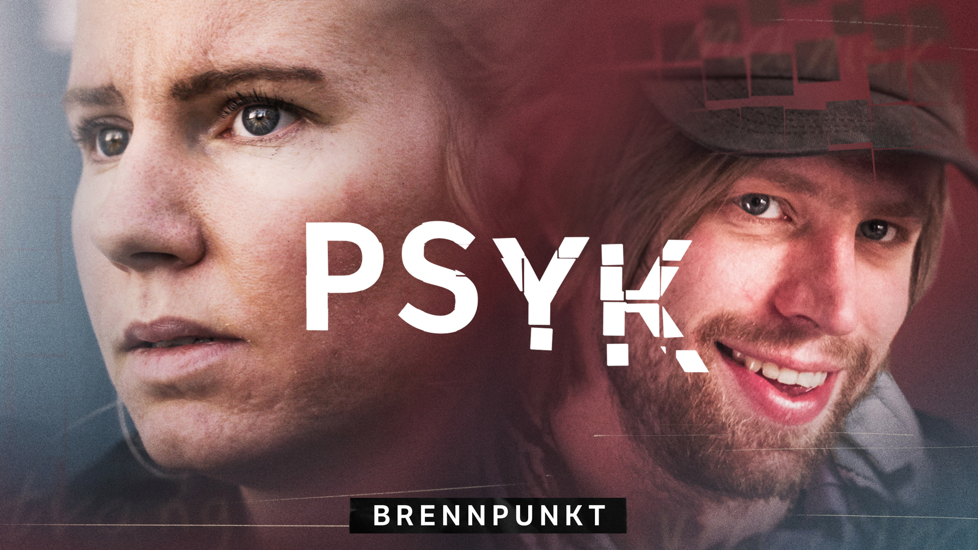 En kvinne og en mann. Tittelen "PSYK" med hvit skrift.