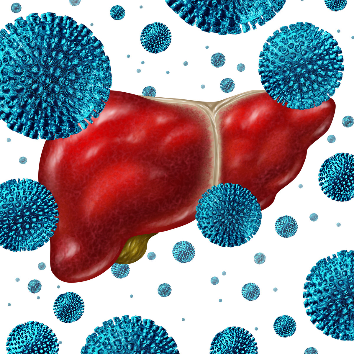 Illustrasjon av lever og heptaitt C virus. Mostphotos.com
