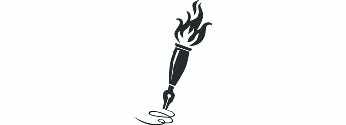Logo for Fakkelbæreren, en tegning i sort-hvit med en fyllepenn som skriver på papir med en fakkel i andre enden