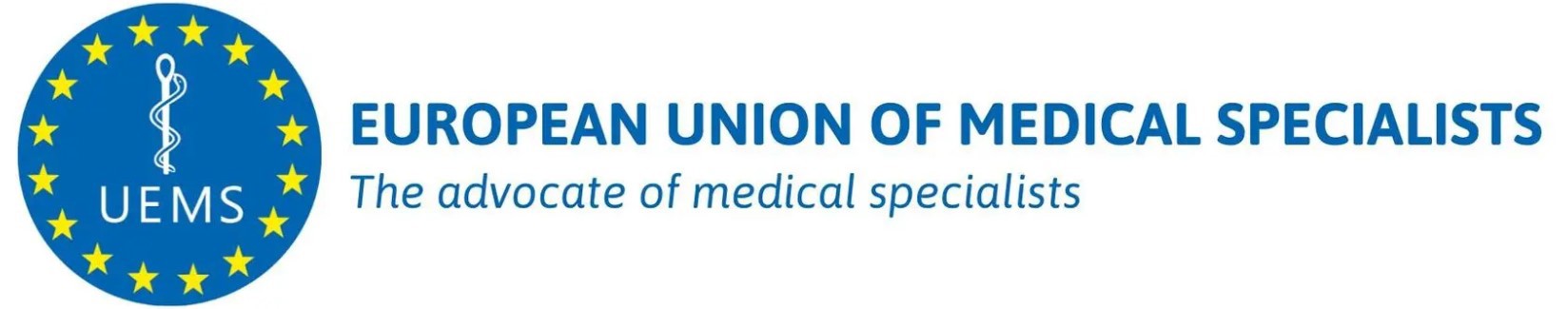 Logo og banner for European Union of Medical Specialists (UEMS): blå sirkel med gule stjerner og medisinsk symbol, samt teksten ‘European Union of Medical Specialists – The advocate of medical specialists’.
