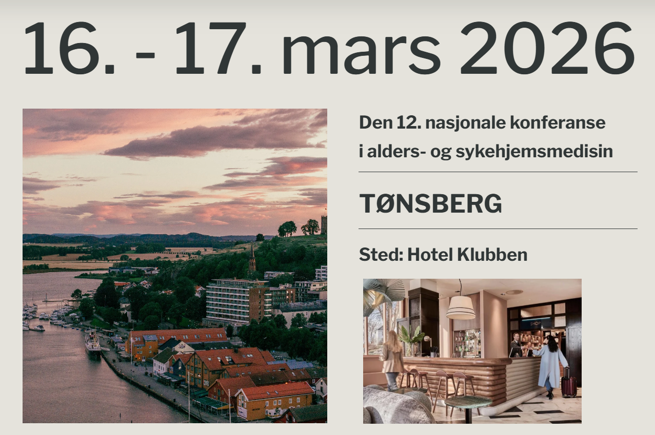Nasjonal konferanse i alders- og sykehjemsmedisin avholdes 16. -17. mars 2026 på Hotell Klubben i Tønsberg